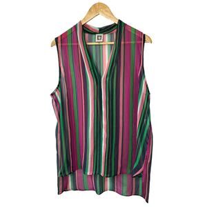Anne Klein Sleeveless Sheer Multi-Color Stripe V Neck Tunic Blouse Women's 16